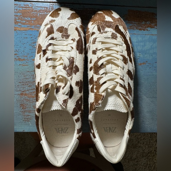 NWOT Zara Animal Print Leather Sneakers Size 38 US 8 Calf Hair - Picture 8 of 11